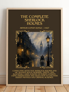 Complete Sherlock Holmes Minimalist Book Poster by Arthur Conan Doyle – framed print leaning on a wooden floor