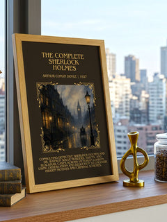 Complete Sherlock Holmes Minimalist Book Poster by Arthur Conan Doyle – framed print on a city-view windowsill