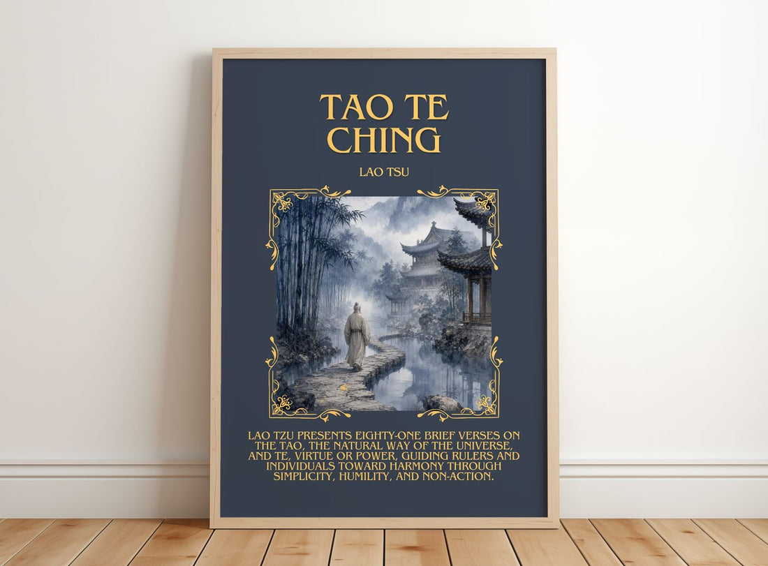Tao Te Ching Minimalist Book Poster by Lao Tsu – framed print leaning on a wooden floor