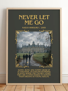 Never Let Me Go Minimalist Book Poster by Kazuo Ishiguro – framed print leaning on a wooden floor