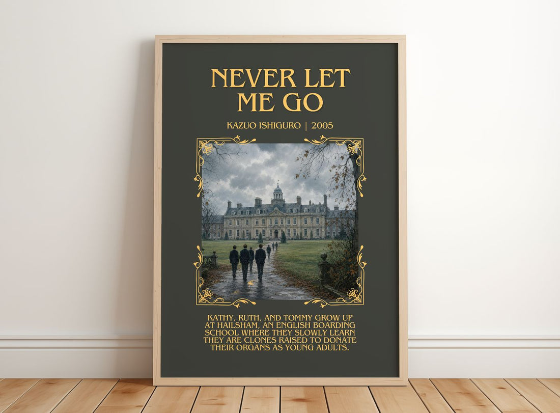 Never Let Me Go Minimalist Book Poster by Kazuo Ishiguro – framed print leaning on a wooden floor