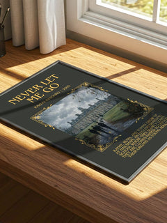 Never Let Me Go Minimalist Book Poster by Kazuo Ishiguro – print on a sunlit desk