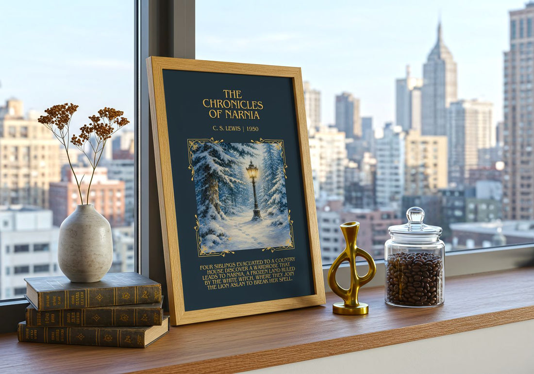 The Chronicles of Narnia Minimalist Book Poster by C. S. Lewis – framed print on a city-view windowsill