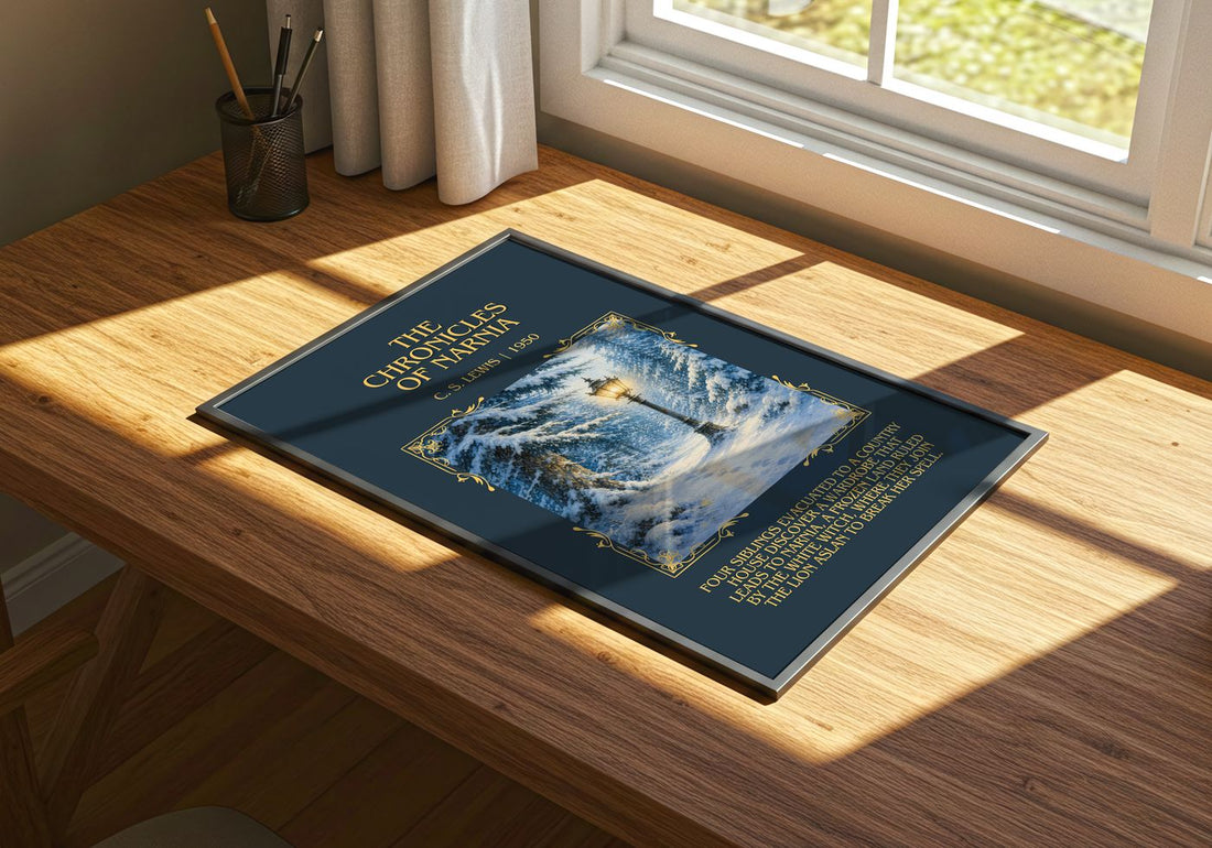 The Chronicles of Narnia Minimalist Book Poster by C. S. Lewis – print on a sunlit desk