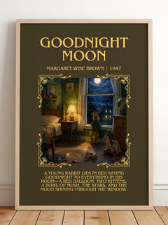 Goodnight Moon Minimalist Book Poster by Margaret Wise Brown – framed print leaning on a wooden floor