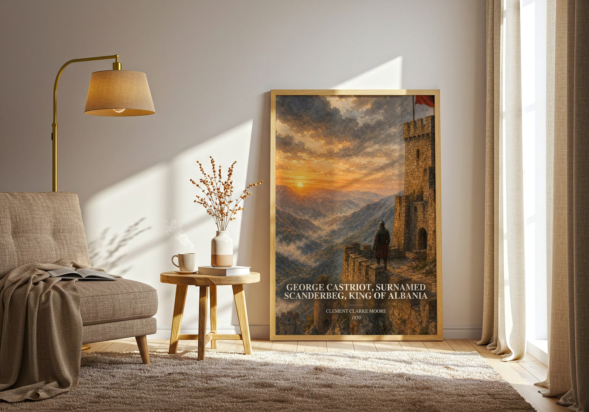 George Castriot, Surnamed Scanderbeg, King Of Albania watercolour print in frame leaning in hallway – historical fiction