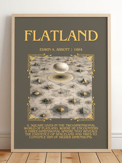 Flatland Minimalist Book Poster by Edwin A. Abbott – framed print leaning on a wooden floor