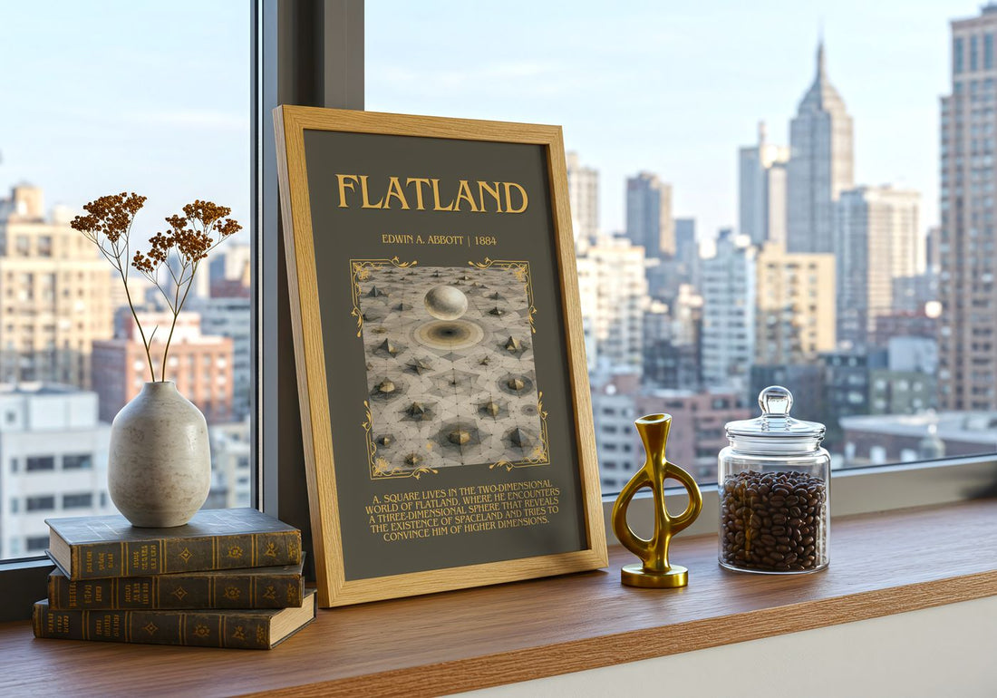 Flatland Minimalist Book Poster by Edwin A. Abbott – framed print on a city-view windowsill