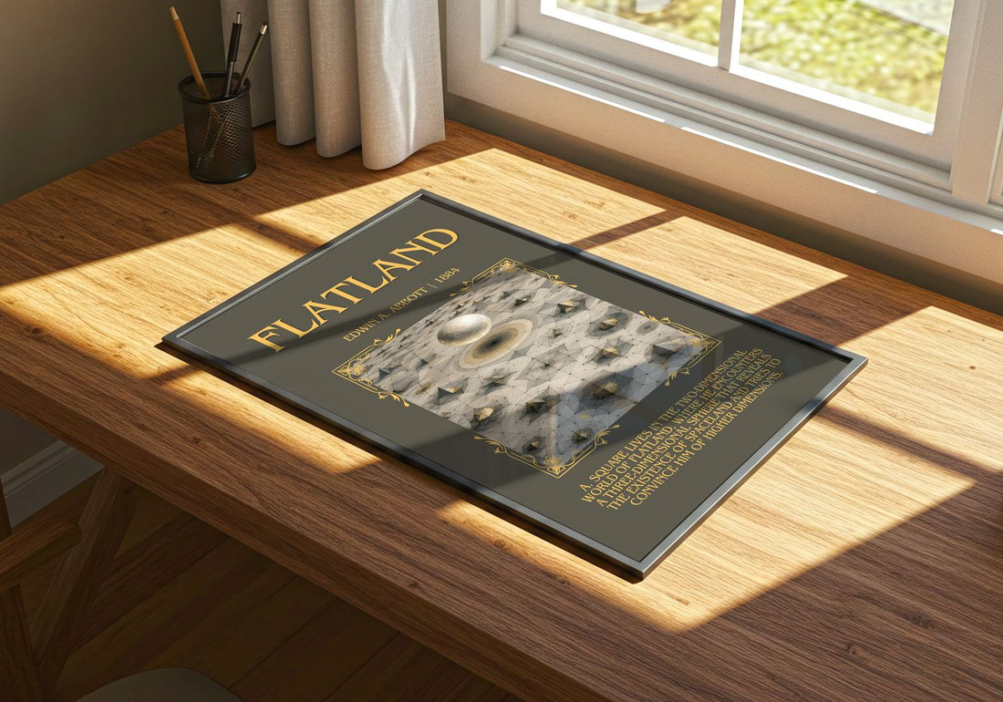 Flatland Minimalist Book Poster by Edwin A. Abbott – print on a sunlit desk