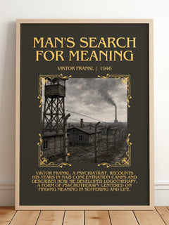 Man's Search for Meaning Minimalist Book Poster by Viktor Frankl – framed print leaning on a wooden floor