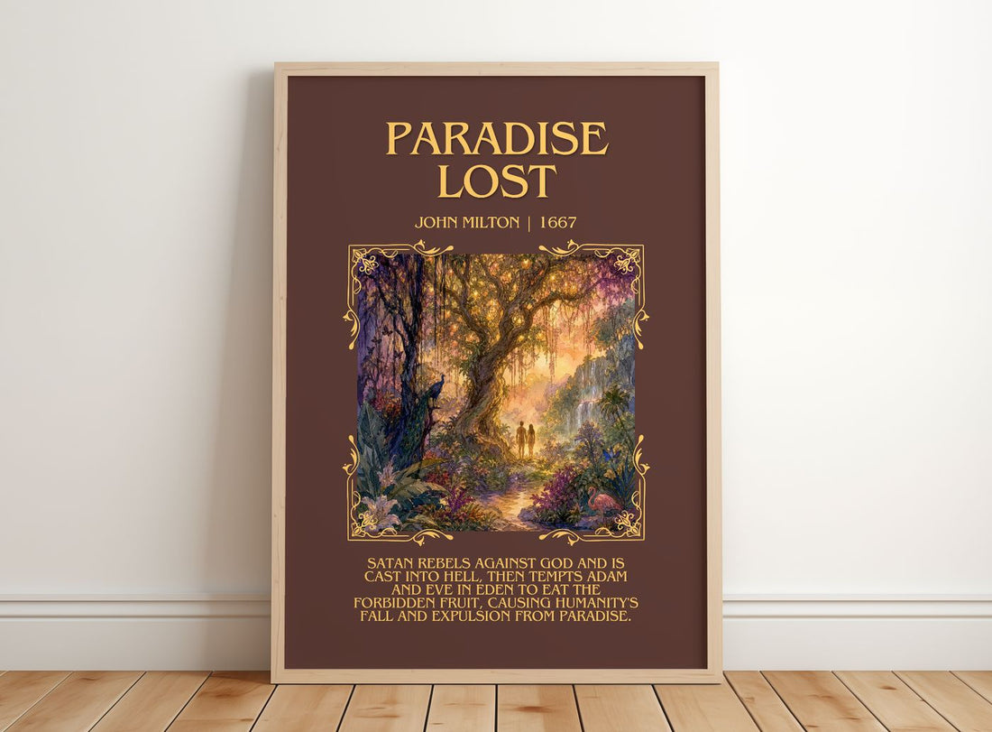 Paradise Lost Minimalist Book Poster by John Milton – framed print leaning on a wooden floor