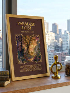 Paradise Lost Minimalist Book Poster by John Milton – framed print on a city-view windowsill