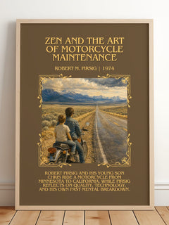 Zen and the Art of Motorcycle Maintenance Minimalist Book Poster by Robert M. Pirsig – framed print leaning on a wooden floor