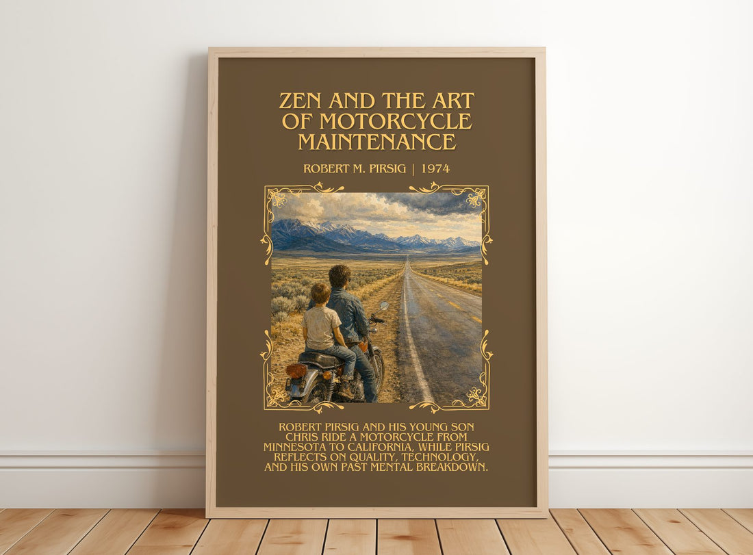 Zen and the Art of Motorcycle Maintenance Minimalist Book Poster by Robert M. Pirsig – framed print leaning on a wooden floor