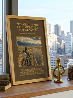 Zen and the Art of Motorcycle Maintenance Minimalist Book Poster by Robert M. Pirsig – framed print on a city-view windowsill