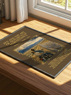 Zen and the Art of Motorcycle Maintenance Minimalist Book Poster by Robert M. Pirsig – print on a sunlit desk