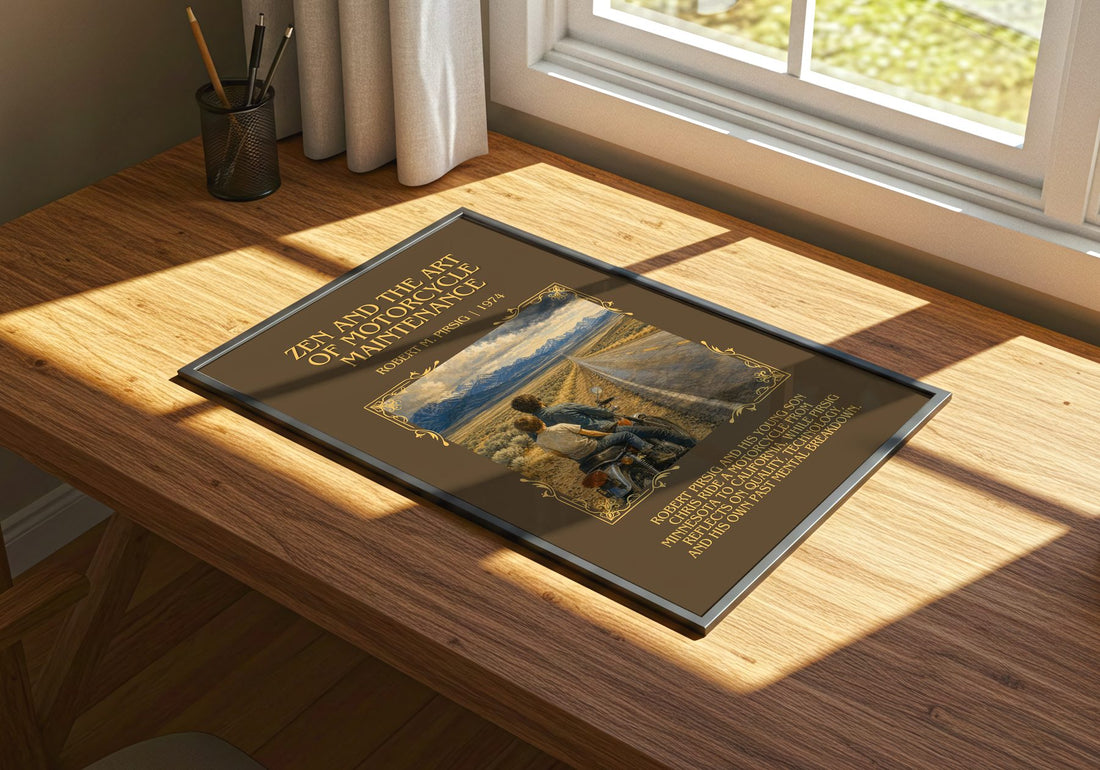 Zen and the Art of Motorcycle Maintenance Minimalist Book Poster by Robert M. Pirsig – print on a sunlit desk