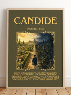 Candide Minimalist Book Poster by Voltaire – framed print leaning on a wooden floor