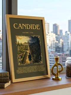 Candide Minimalist Book Poster by Voltaire – framed print on a city-view windowsill