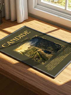 Candide Minimalist Book Poster by Voltaire – print on a sunlit desk