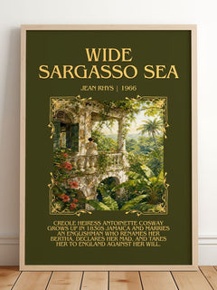 Wide Sargasso Sea Minimalist Book Poster by Jean Rhys – framed print leaning on a wooden floor