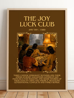 The Joy Luck Club Minimalist Book Poster by Amy Tan – framed print leaning on a wooden floor