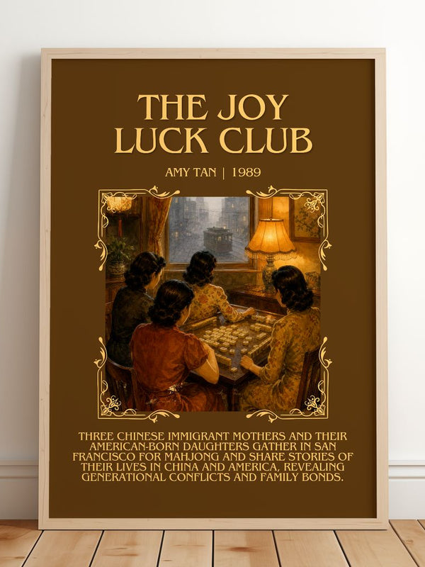 The Joy Luck Club Minimalist Book Poster by Amy Tan – framed print leaning on a wooden floor