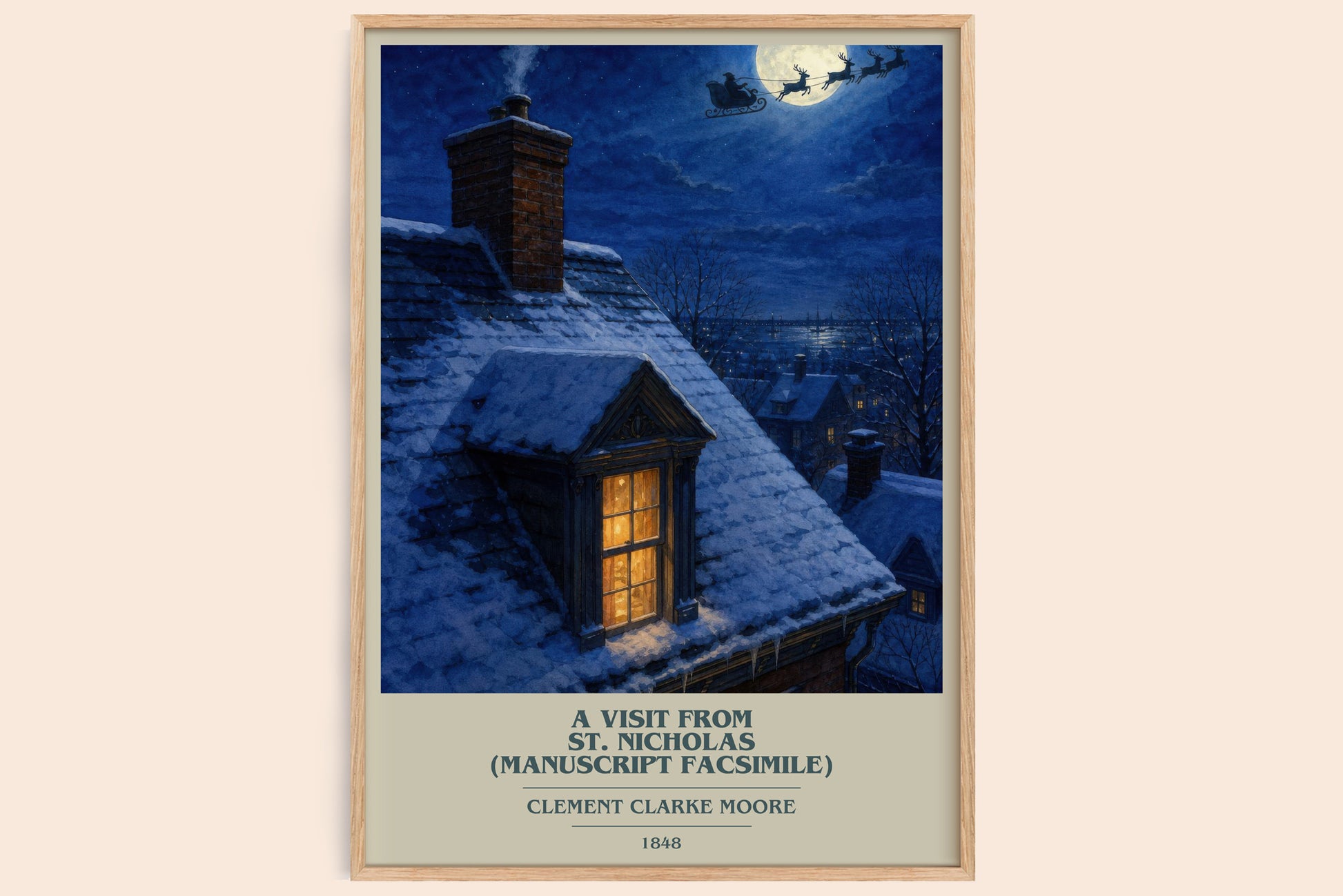 A Visit From St. Nicholas (Manuscript Facsimile) book cover book poster by Clement Clarke Moore – framed literary art print