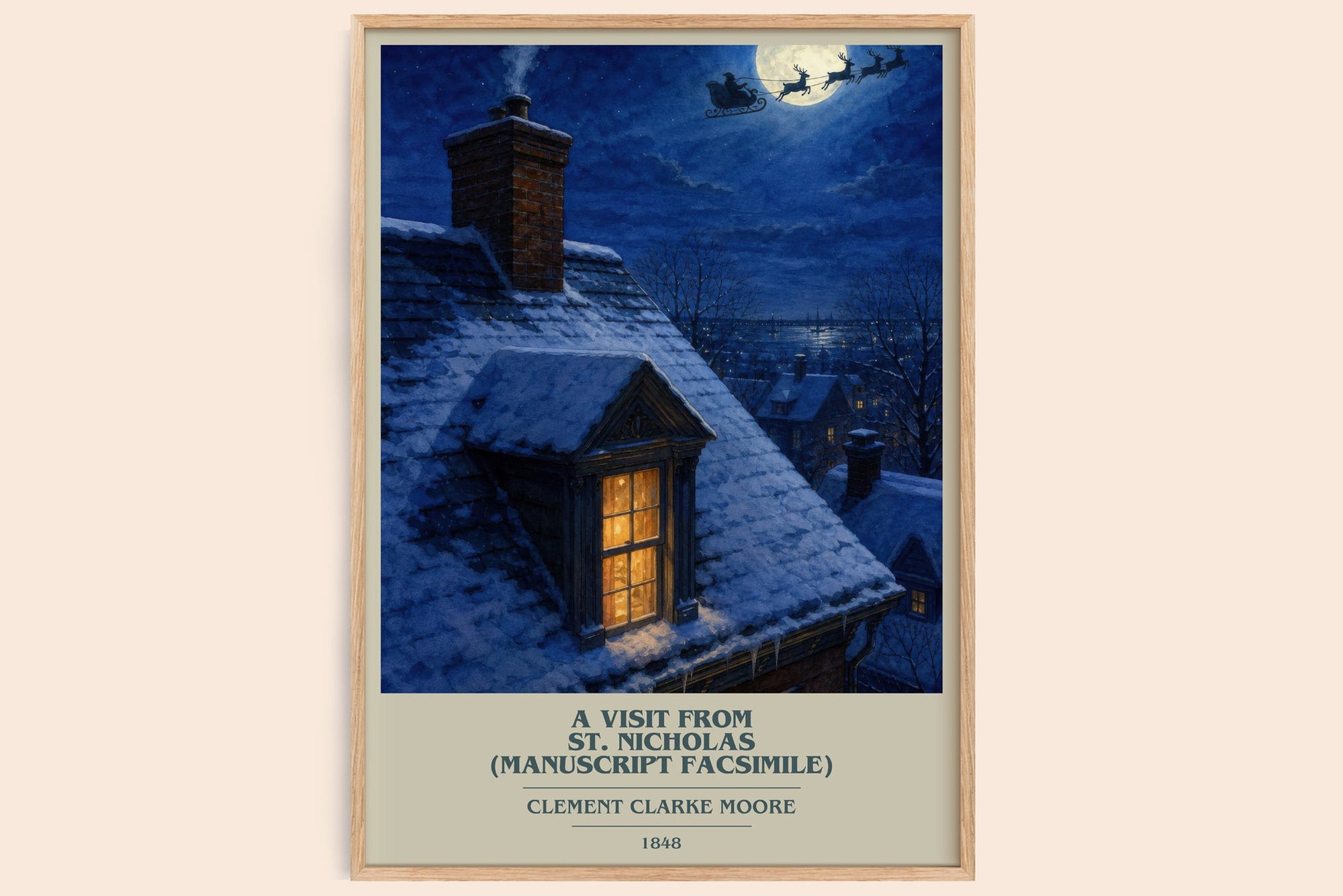 A Visit From St. Nicholas (Manuscript Facsimile) book cover book poster by Clement Clarke Moore – framed literary art print