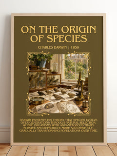 On the Origin of Species Minimalist Book Poster by Charles Darwin – framed print leaning on a wooden floor