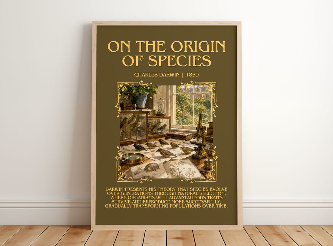 On the Origin of Species Minimalist Book Poster by Charles Darwin – framed print leaning on a wooden floor