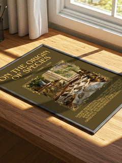 On the Origin of Species Minimalist Book Poster by Charles Darwin – print on a sunlit desk