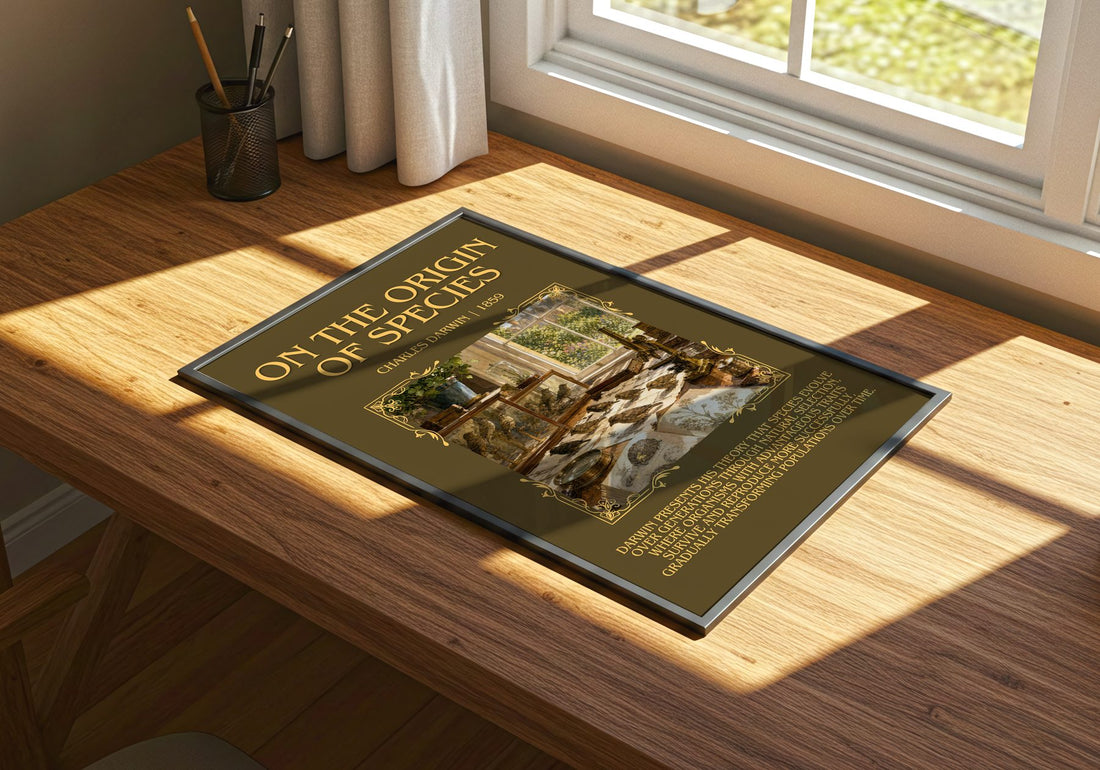 On the Origin of Species Minimalist Book Poster by Charles Darwin – print on a sunlit desk
