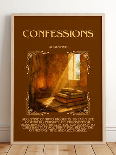 Confessions Minimalist Book Poster by Augustine – framed print leaning on a wooden floor