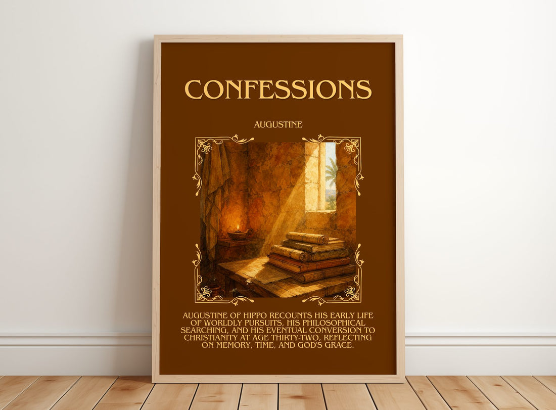 Confessions Minimalist Book Poster by Augustine – framed print leaning on a wooden floor