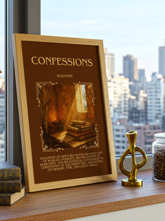 Confessions Minimalist Book Poster by Augustine – framed print on a city-view windowsill