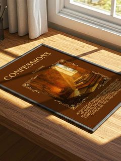 Confessions Minimalist Book Poster by Augustine – print on a sunlit desk