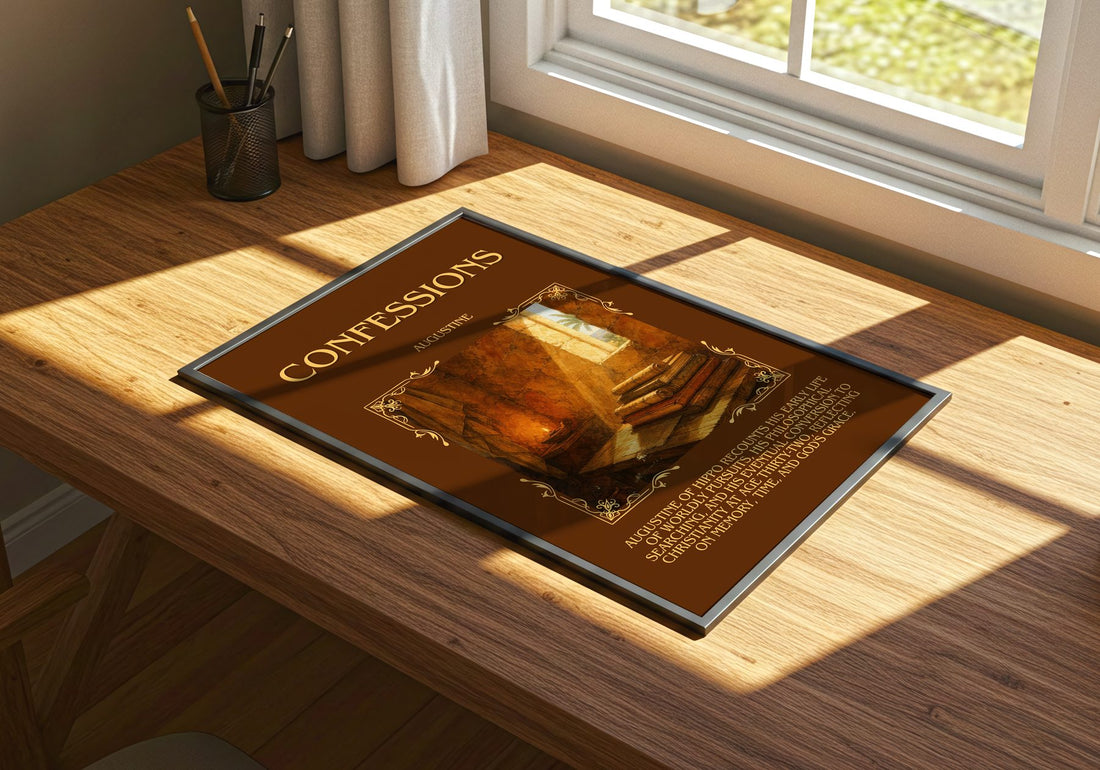 Confessions Minimalist Book Poster by Augustine – print on a sunlit desk
