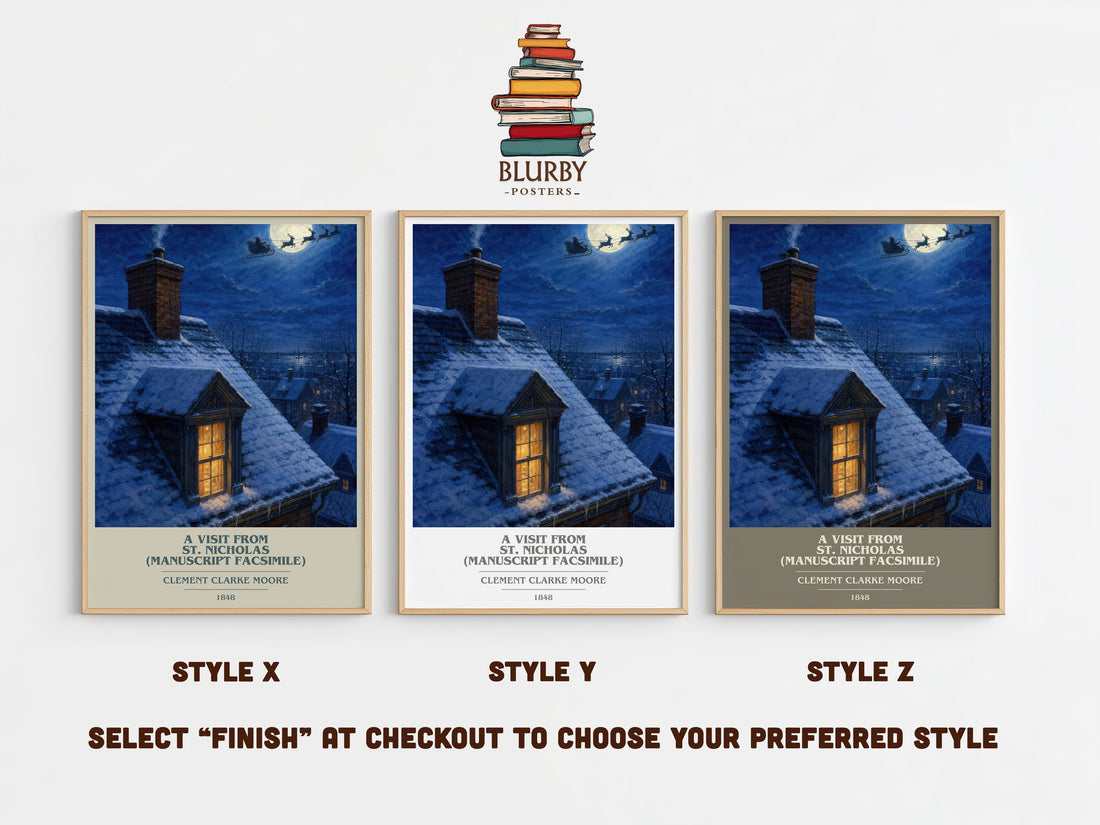 A Visit From St. Nicholas (Manuscript Facsimile) book cover print in frame leaning in hallway – poetry wall art (mockup)