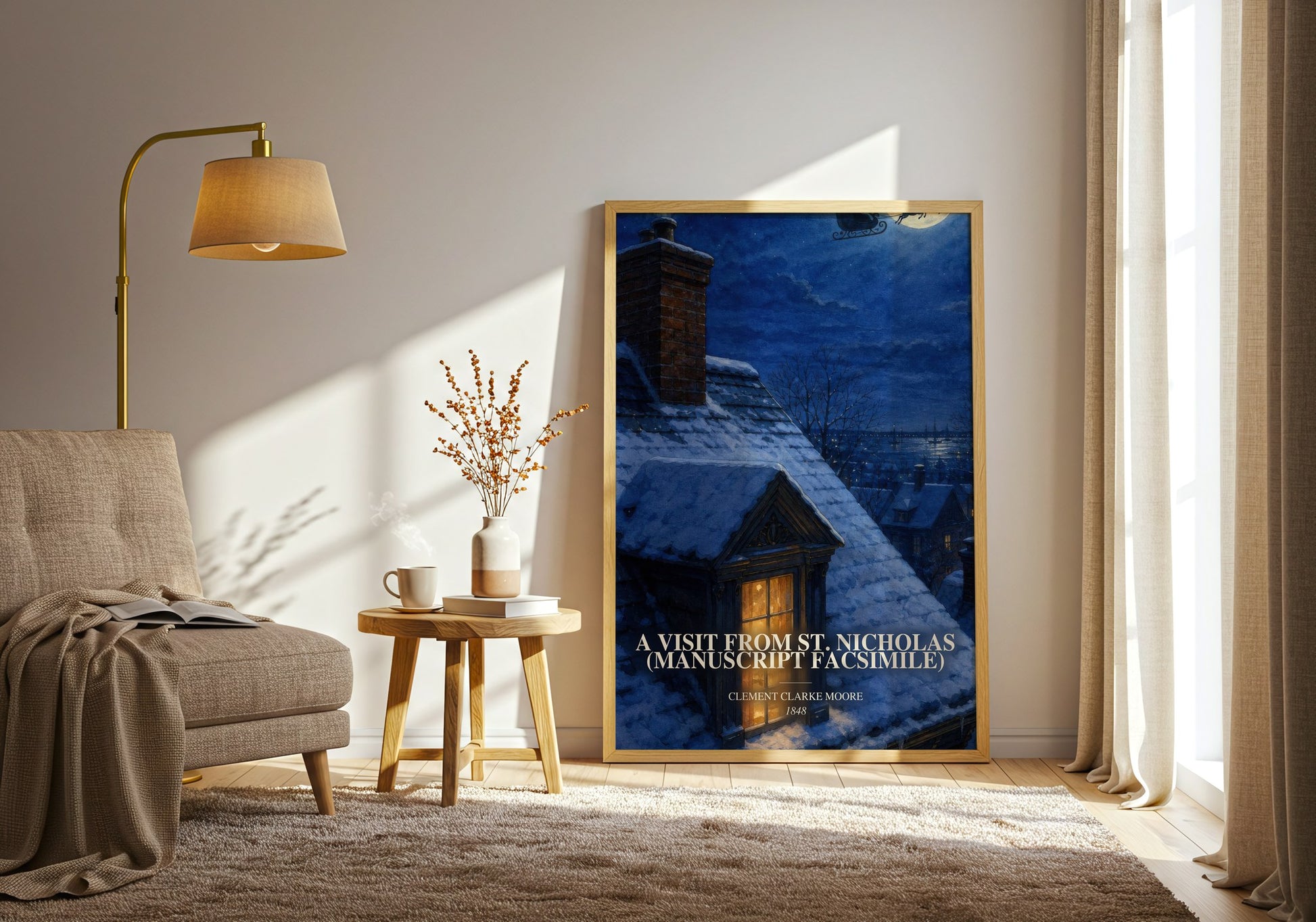 A Visit From St. Nicholas (Manuscript Facsimile) watercolour print in frame leaning in hallway – poetry wall art