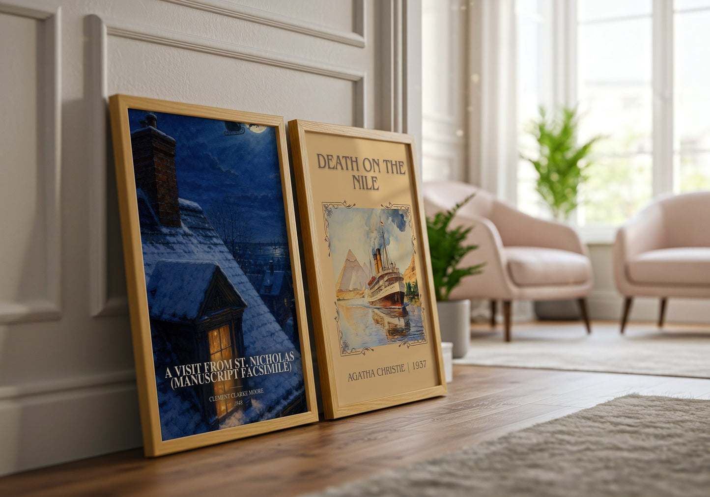 A Visit From St. Nicholas (Manuscript Facsimile) watercolour print framed by window – literary home decor