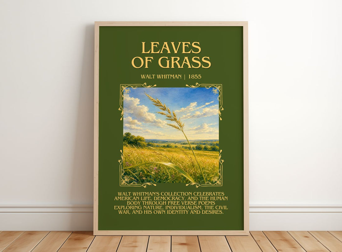Leaves of Grass Minimalist Book Poster by Walt Whitman – framed print leaning on a wooden floor