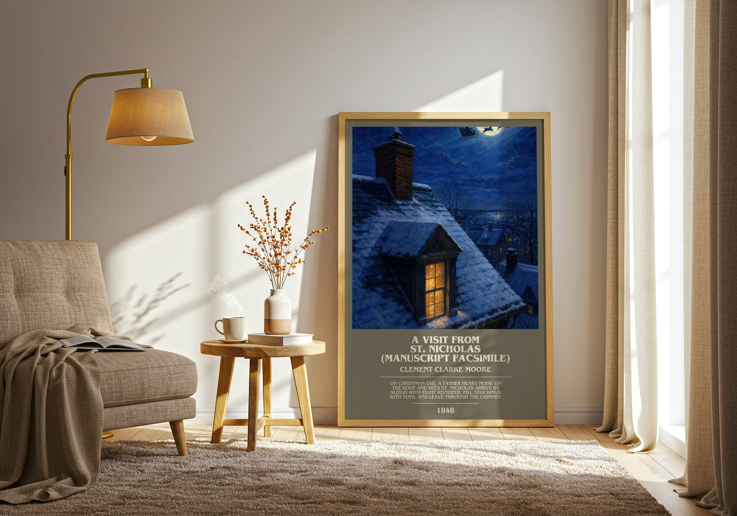 A Visit From St. Nicholas (Manuscript Facsimile) bookish print on bookshelf – Clement Clarke Moore fan gift