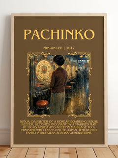 Pachinko Minimalist Book Poster by Min Jin Lee – framed print leaning on a wooden floor