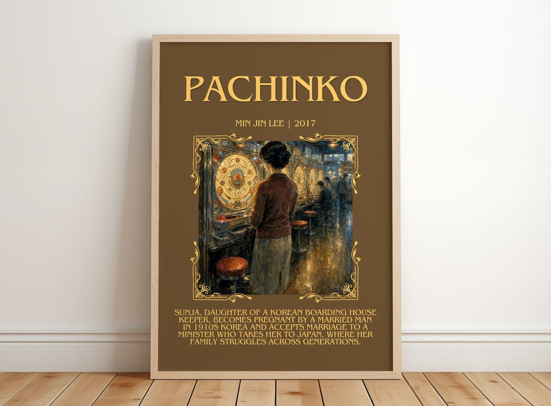 Pachinko Minimalist Book Poster by Min Jin Lee – framed print leaning on a wooden floor