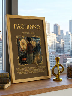 Pachinko Minimalist Book Poster by Min Jin Lee – framed print on a city-view windowsill