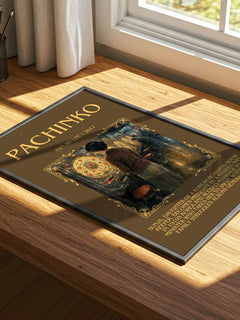 Pachinko Minimalist Book Poster by Min Jin Lee – print on a sunlit desk