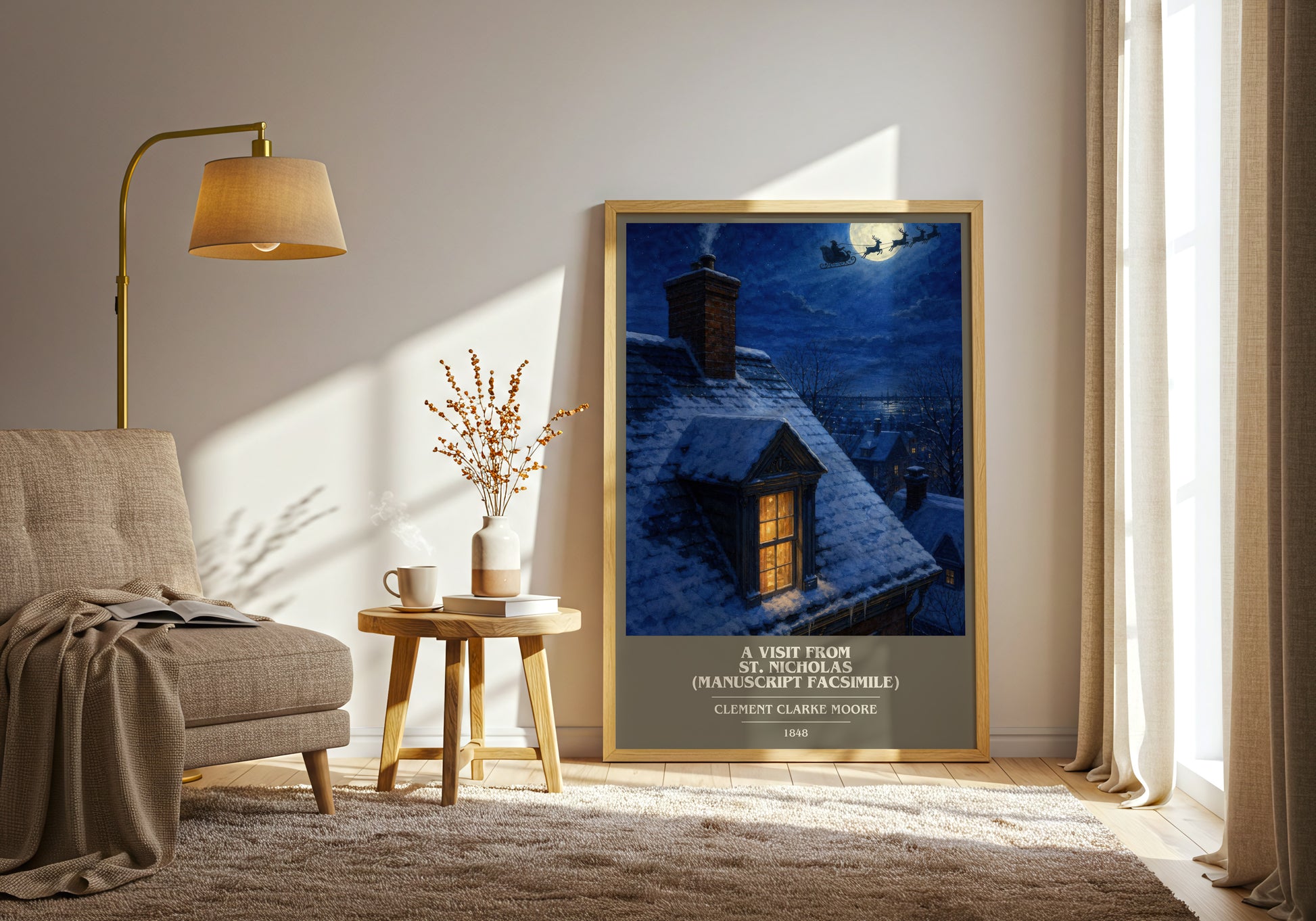 A Visit From St. Nicholas (Manuscript Facsimile) book cover print on bookshelf – Clement Clarke Moore fan gift