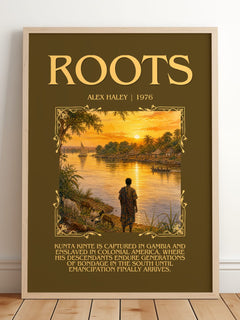 Roots Minimalist Book Poster by Alex Haley – framed print leaning on a wooden floor
