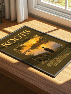 Roots Minimalist Book Poster by Alex Haley – print on a sunlit desk